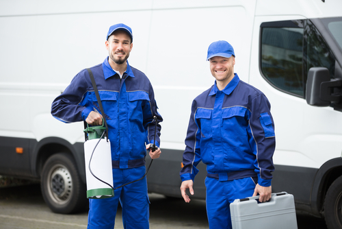 Portrait Of Two Happy Male Pest Control Workers With Toolbox. They may be concerned about business public image